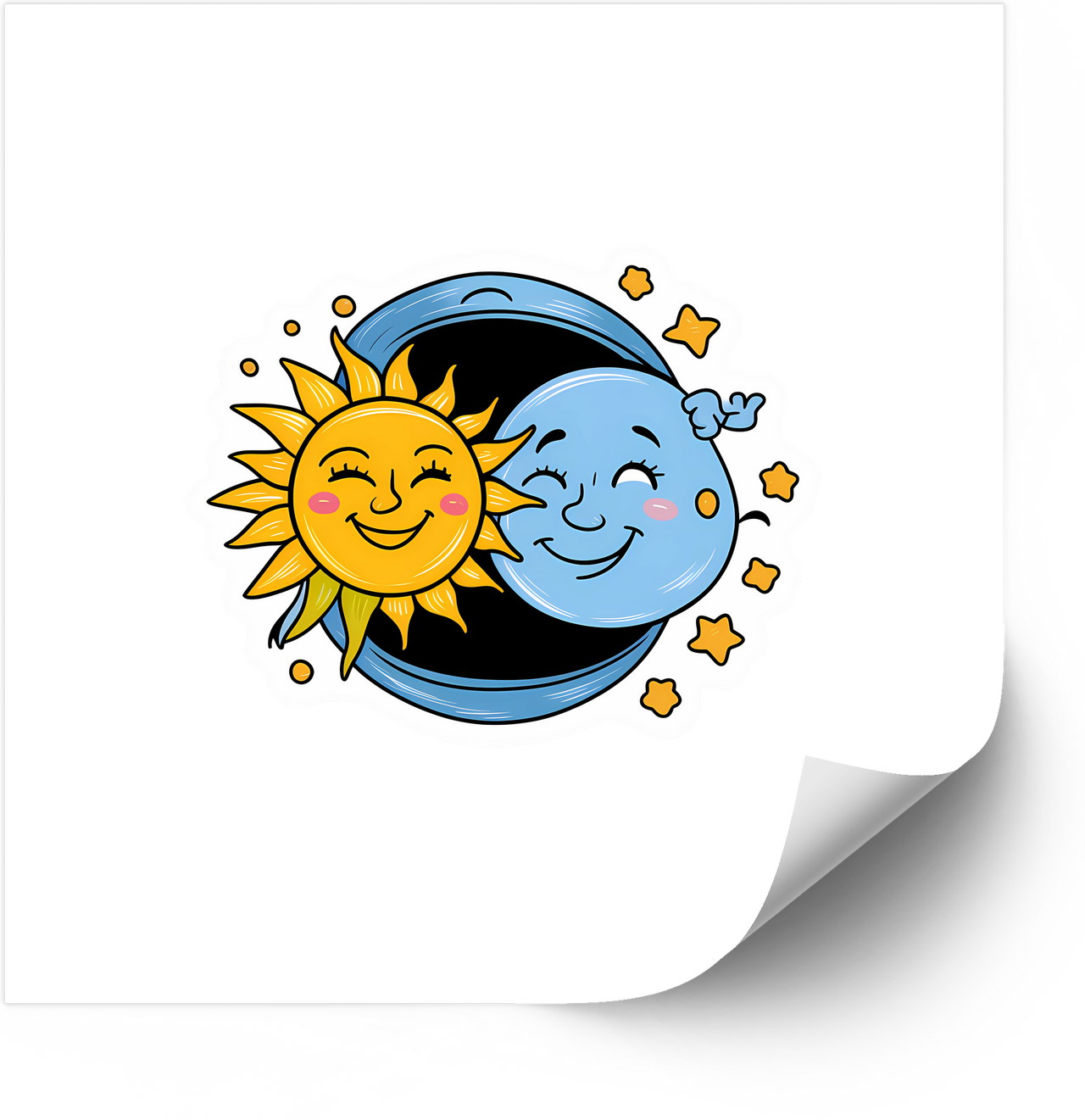 Happy Sun And Moon Smiling Together Stars Sticker | Cute Retro Celestial Vinyl Decal