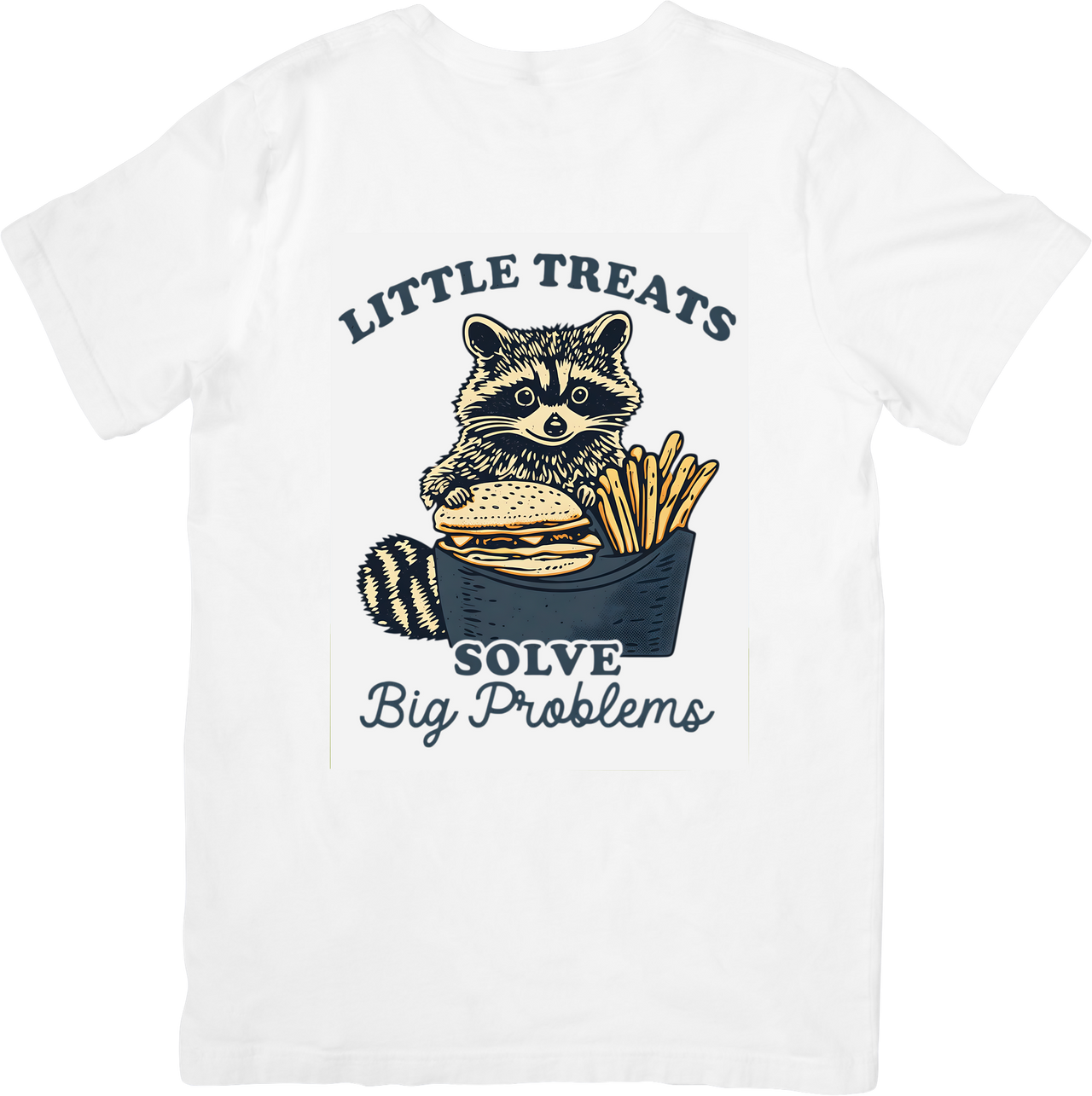 Little Treats Solve Big Problems Raccoon Burger Fries T-Shirt | Funny Retro Animal Graphic Tee | Foodie Gift