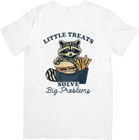 Thumbnail for Little Treats Solve Big Problems Raccoon Burger Fries T-Shirt | Funny Retro Animal Graphic Tee | Foodie Gift