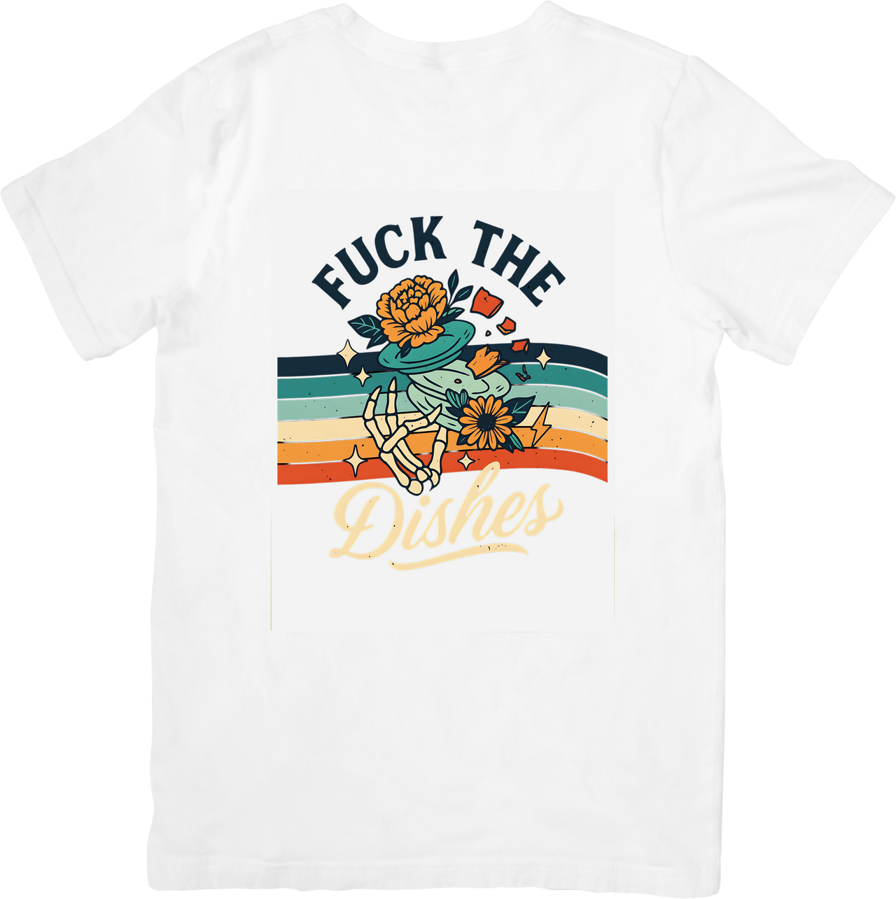 Fuck The Dishes Skeleton Floral Retro Stripes T-Shirt | Funny Boho Sarcastic Graphic Tee
